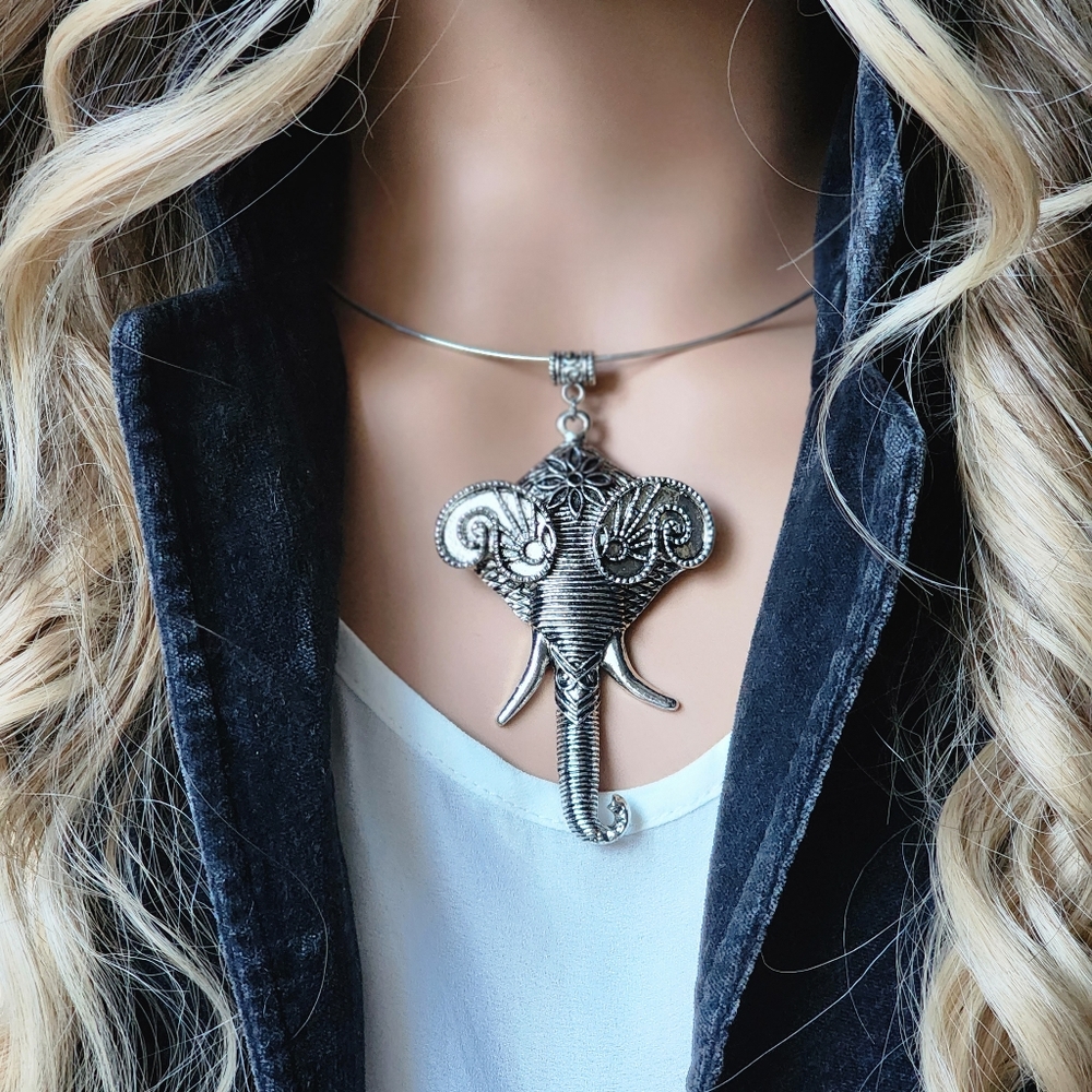 ❤️ Large Pendant Elephant Head Silver Necklace Tribal Ethnic Bohemian Jewelry
